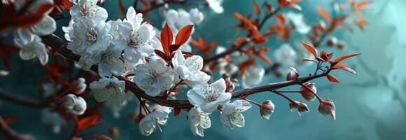 ai gerado branco flores estão em uma ramo contra azul fundo foto