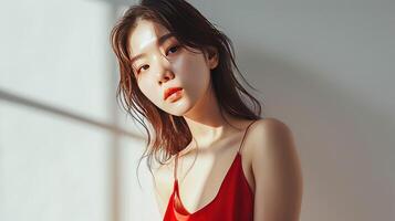 ai gerado lindo coreano menina modelo, Cosmético modelo foto