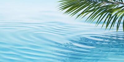 ai gerado Palma folha isolado em ensolarado azul ondulado água superfície, verão de praia feriados fundo conceito com cópia de espaço foto