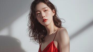 ai gerado lindo coreano menina modelo, Cosmético modelo foto