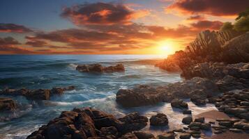 ai gerado rochoso litoral às pôr do sol panorama fundo foto