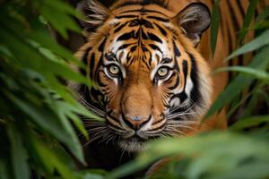 ai gerado foco em a intenso olhar do uma rondando tigre no meio exuberante folhagem foto