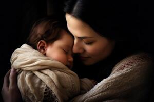 ai gerado uma amoroso mãe abraços dela criança com calor e ternura foto