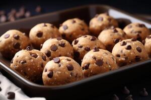 ai gerado cozimento panela com cru chocolate lasca bolacha bolas em mesa, fechar-se foto