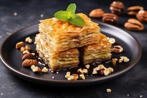 ai gerado delicioso fresco baklava com picado nozes servido em cinzento texturizado mesa foto