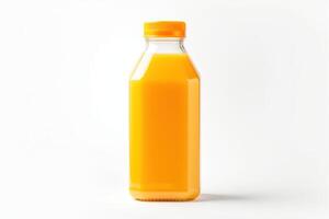 ai gerado laranja suco garrafa visto a partir de a frente em uma branco fundo foto
