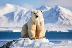 ai gerado uma solitário polar Urso contra uma pano de fundo do gelado águas e coberto de neve montanhas foto