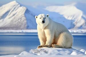 ai gerado uma solitário polar Urso contra uma pano de fundo do gelado águas e coberto de neve montanhas foto