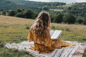 ai gerado jovem mulher lendo livro em piquenique cobertor dentro campo foto