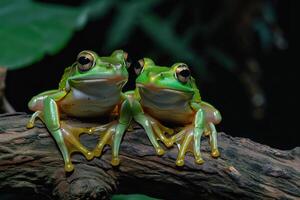 ai gerado dois verde sapos em uma árvore ramo com Sombrio fundo foto