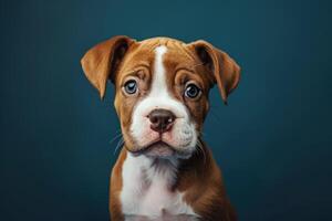 ai gerado uma pequeno Preto e branco pinscher cachorro dentro frente do a azul fundo foto