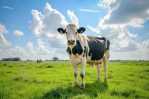 ai gerado vaca em uma verde campo com pasto foto