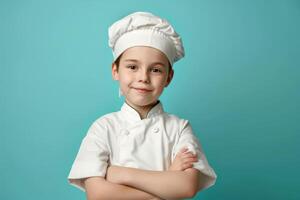 ai gerado uma jovem cozinhar vestindo uma branco chapéu e uma chapéu foto