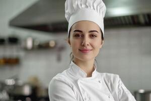 ai gerado fêmea chefe de cozinha dentro branco uniforme sorrisos às Câmera em cozinha foto