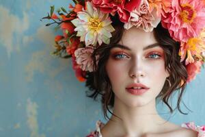 ai gerado uma mulher com uma floral arco de cabelo e uma flor coroa em dela cabeça foto