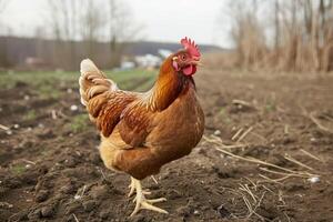 ai gerado uma frango em uma Fazenda foto