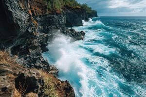 ai gerado indomado beleza do uma rugindo oceano contra áspero costeiro falésias foto