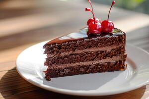 ai gerado chocolate bolo em volta branco prato com cereja foto