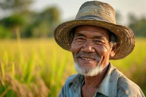 ai gerado uma agricultor sorridente baixa em a arroz campo foto