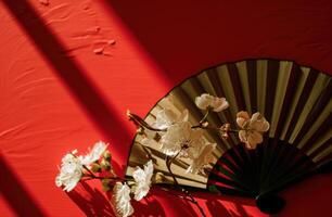 ai gerado feito à mão papel ventilador com flor em uma vermelho fundo foto