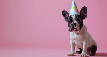 ai gerado uma pequeno francês buldogue vestindo uma aniversário chapéu foto