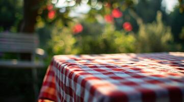 ai gerado uma toalha de mesa com uma vermelho e branco xadrez padronizar é sentado em uma mesa ao ar livre foto