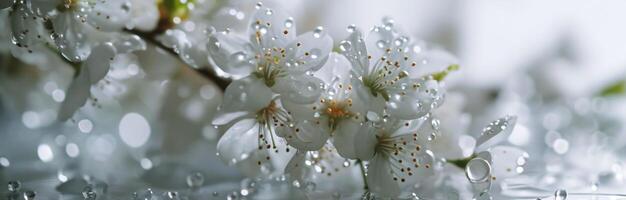 ai gerado uma branco fundo coberto com água gotas e snowdrops foto