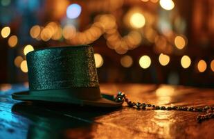 ai gerado a imagem do uma verde chapéu em a mesa com uma dourado fundo foto