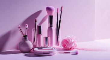 ai gerado Cosmético faço acima produtos em uma Rosa fundo foto