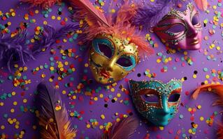 ai gerado colorida penas em uma roxa fundo do carnaval máscaras. foto