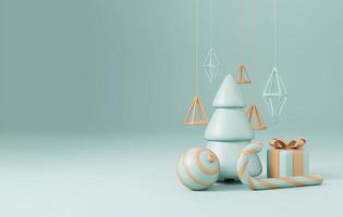 Árvore de Natal 3D com caixa de presente vermelha e fundo verde bola, cartaz de Natal, banner da web. 3d render ilustração estilo minimalista conceito de natal e ano novo foto