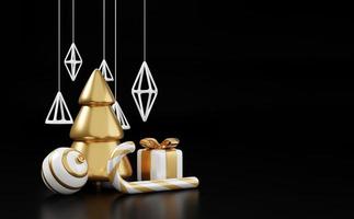 luxo Natal 3d render banner ou cartão. decoração moderna e mínima de ano novo e Natal em ouro e preto com árvore, doces, bola e caixa de presente em fundo preto foto