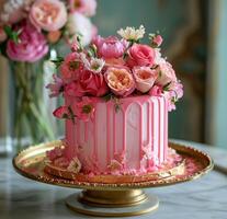 ai gerado uma Rosa Casamento bolo com Rosa flores em uma ouro prato foto