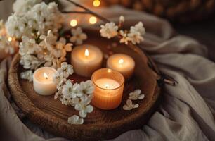 ai gerado uma número do velas em uma de madeira prato coberto dentro flores foto