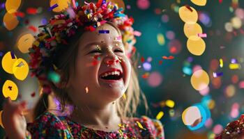 ai gerado uma pequeno menina é rindo vestindo colorida equipamento e confete sobre dela cabeça foto