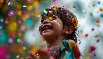 ai gerado uma pequeno menina é rindo vestindo colorida equipamento e confete sobre dela cabeça foto