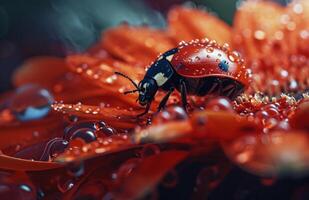 ai gerado uma vermelho senhora besouro é sentado em topo do uma vermelho flor foto