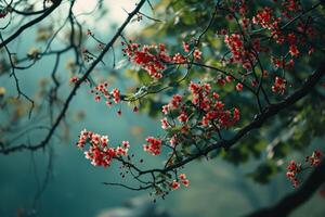 ai gerado uma árvore perto folhas com vermelho flores debaixo uma verde fundo foto