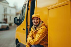 ai gerado uma sorridente o negócio Entrega homem perto uma furgão e uma Entrega caixa foto