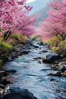 ai gerado uma tranquilo rio fluindo através uma florescendo cereja Flor árvore Arvoredo foto