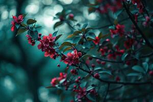 ai gerado uma árvore perto folhas com vermelho flores debaixo uma verde fundo foto