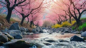 ai gerado uma tranquilo rio fluindo através uma florescendo cereja Flor árvore Arvoredo foto