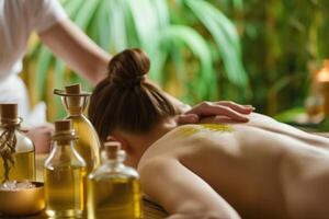 ai gerado uma mulher estava obtendo uma costas massagem com alguns verde chá produtos foto