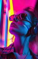 ai gerado uma jovem mulher vestindo colorida fones de ouvido dentro uma néon luz, hiperreal foto