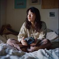 ai gerado uma mulher é sentado em uma cama com uma Câmera, foco suave retratos foto