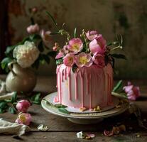 ai gerado a elegante Rosa bolo com flores em topo foto