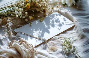 ai gerado em branco cartão lays em uma mesa com flores e fio foto