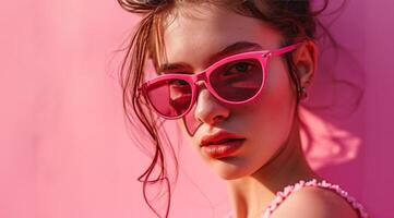 ai gerado lindo menina com Rosa oculos de sol em uma Rosa fundo foto