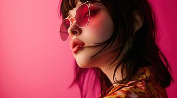 ai gerado lindo menina com Rosa oculos de sol em uma Rosa fundo foto