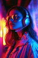 ai gerado uma jovem mulher vestindo colorida fones de ouvido dentro uma néon luz, hiperreal foto